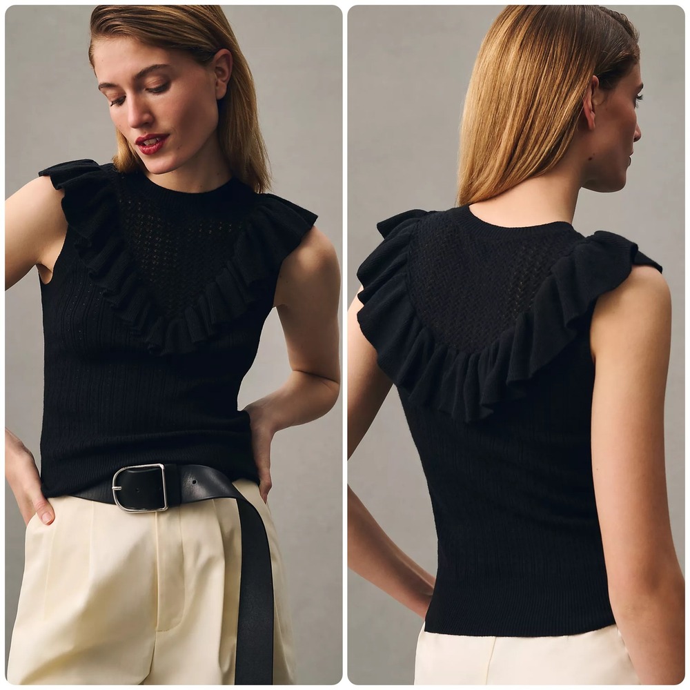 PAIGE Womens Black Rosina Ruffled Pointelle Organic Cotton Silk Blend Knit Top S